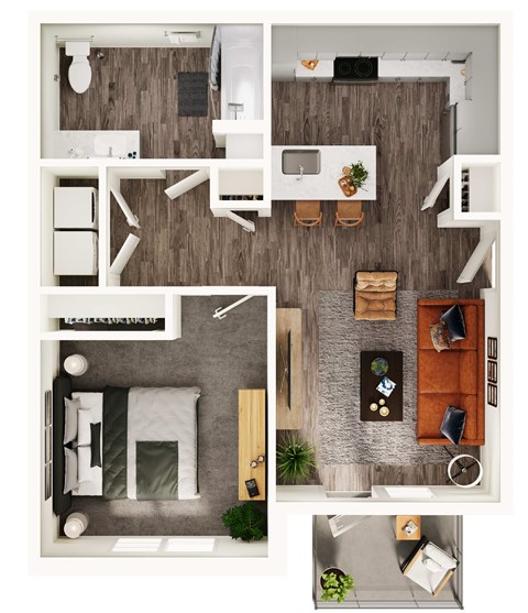 Floor plan for 1 bed, 1 bath, 678 sqft